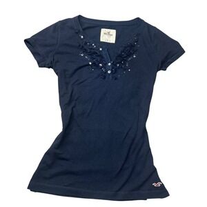 Hollister Womens Navy Blue Sequin Embellished Short‎ Sleeve Top